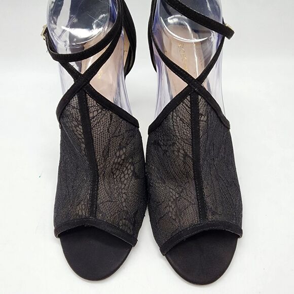BCBG Black Mesh Floral Lace Stiletto Heels Size 11 Ankle Strap Open Toe Wedding - Picture 2 of 13